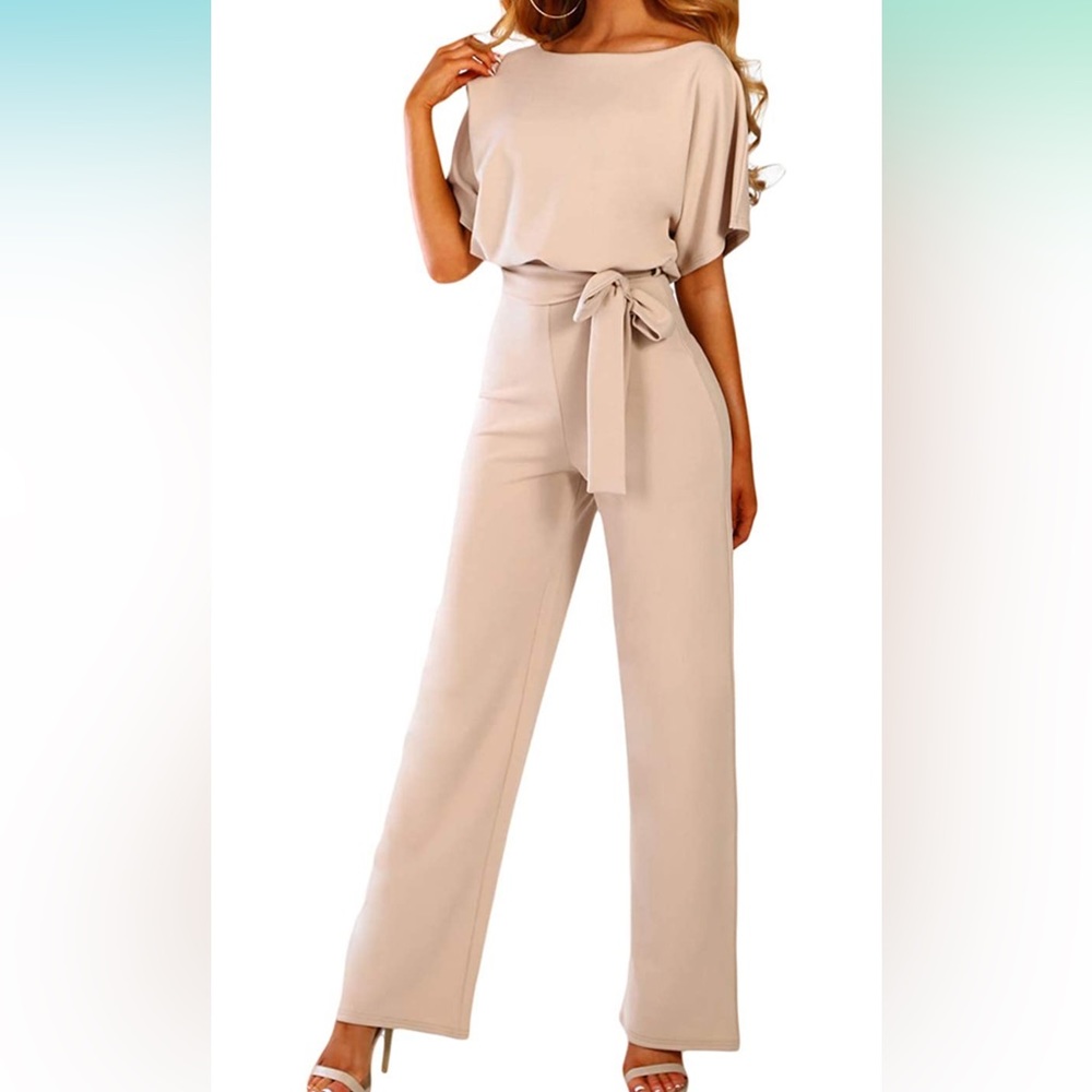 Romper Jumpsuit; Loose Short Sleeve Belted Wide Leg Pant